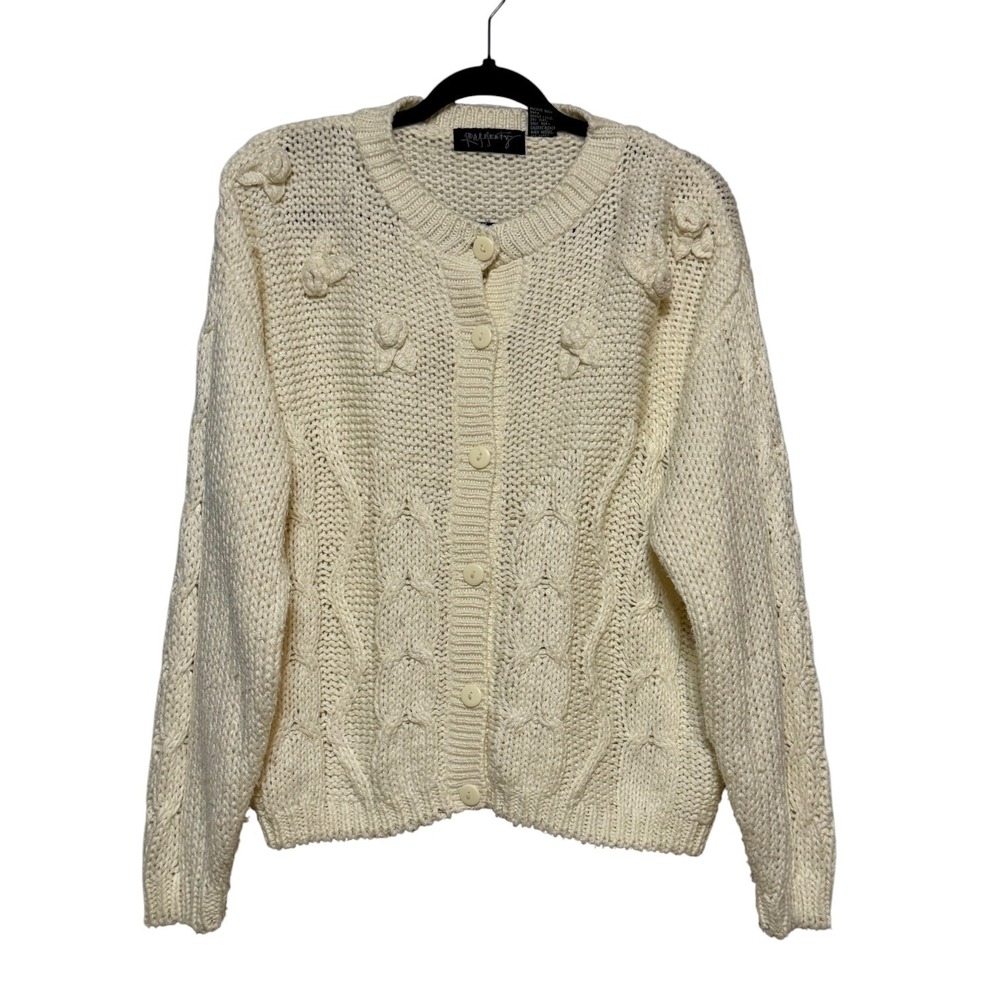 Vintage Cream Coquette Knit Cardigan 3D Rose Women Size M Soft‎ Girl Cottagecore